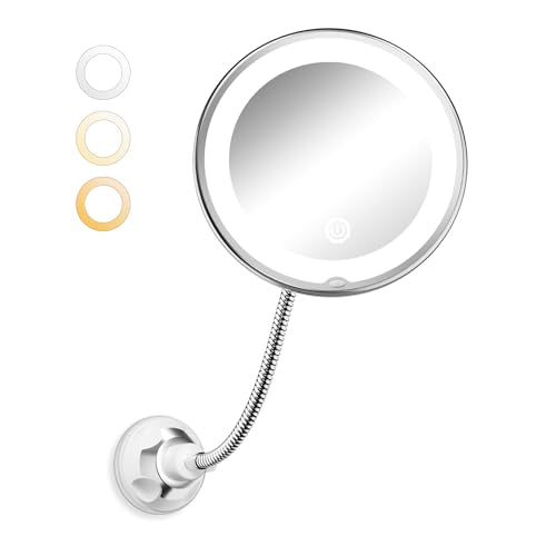 Brightown 10x Magnifying Mirror with Light,Flexible Gooseneck Make up Mirror with Lights and Magnification, Battery Operated with Suction Cups for Wall Bathroom Silver 3 Lighting