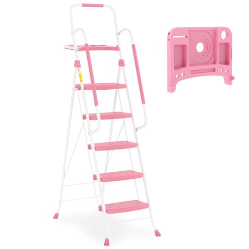 HBTower 5 Step Ladder with Handrails, Folding Step Stool with Tool Platform, 330 LBS Portable Steel Ladder for Adults for Home Kitchen Library Office, Pink