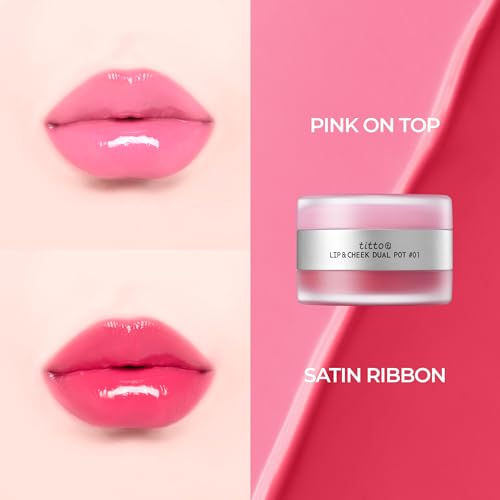 titto Lip & Cheek Dual Pot Blendable & Buildable | Multi-Use Tinted Balm & Blush for Cheeks, Rich Buttery Texture, Long-Lasting, Natural Dewy Finish, Vegan, K Beauty (#01 Satin Ribbon/Pink on Top)