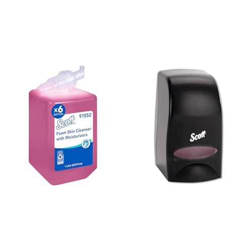 Bundle of Scott¢ç Foam Hand Soap with Moisturizers, 1.0 L Pink, Floral Scent Refills + Scott Essential Manual Skin Care Dispenser, Black) Starter Kit