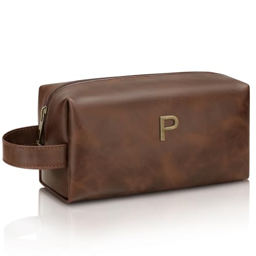 Personalized Men's Toiletry Bag with Initial - PU Leather Travel Shaving Bag