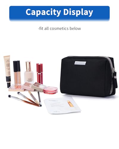 Narwey Small Makeup Bag for Women - Compact Travel Cosmetic Pouch with Compartments, Water-Resistant, Black