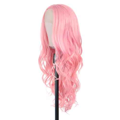 Pink Wig 26 inch Long Wavy Pink Wigs for Women, 13X4X1 HD T-part Synthetic Lace Front Wig Natural Looking As Human Hair Middle Part Pre Plucked Glueless Wigs for Daily Party Cosplay Use (T2313#)