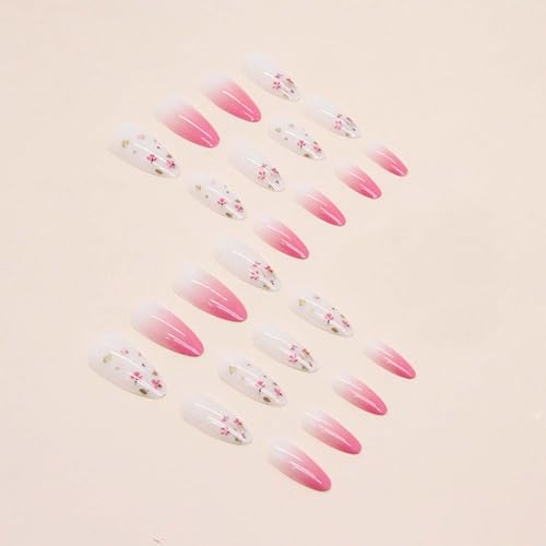 Gradient floral elements Cute Nails Pink and tender Press on Nails Short Almond Fake Nails French Dopamine Style Summer Glue on Nails for Women and Girls Spring romantic girly style Manicure(24 PCS)