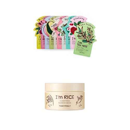 TONYMOLY I'm Real Sheet Mask, Pack of 10 + TONYMOLY I'm Rice Clarifying Blemish Clay Mask, Facial Mask Detoxifiies, Reduces Redness & Soothes Irritated Skin, Kaolin Clay & Fermented Rice, 100ml