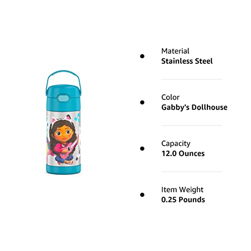 THERMOS FUNTAINER Water Bottle with Straw - 12 Ounce, Gabby’s Dollhouse - Kids Stainless Steel Vacuum Insulated Water Bottle with Lid