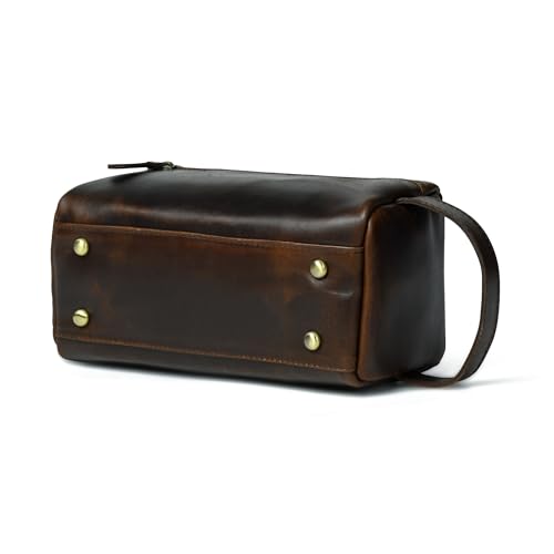 Leather Toiletry Bag for Men ? Handmade Travel Kit, Small Leather Shaving & Toiletry Organizer, Durable Waxed Canvas Lining (Dark Brown)