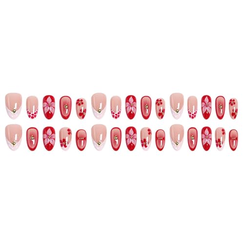 STADWWK 30pcs Short Almond Press-On Nails with 3D Flower & Star Designs - Reusable Glossy Fake Nails for Summer Manicure