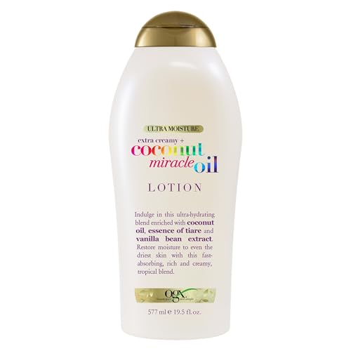 OGX Extra Creamy + Coconut Miracle Oil Ultra Moisture Body Lotion with Vanilla Bean, Fast-Absorbing Lotion for All Skin Types, Paraben-Free and Sulfated-Surfactants Free, 19.5 fl oz