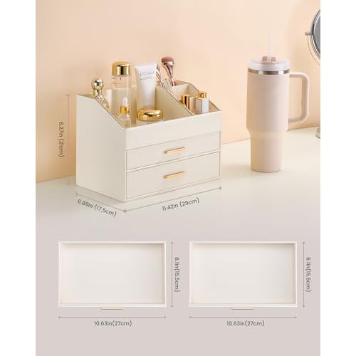 Lolalet Makeup Organizer for Vanity Desk, 3-Layer PU Leather Luxury Make Up Storage Cosmetics Holder Box with Drawers -Cream