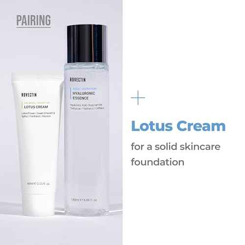 ROVECTIN Calming Lotus Water Cream (2.03 fl.oz, 60ml) Moisturizer + Aqua Hyaluronic Essence (6.08 fl.oz, 180ml) Facial Toner Bundle | Vegan Korean Skincare [2 Pack]