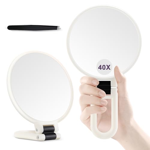 B Beauty Planet White 40X Magnifying Hand Mirror with Handle Travel Foldable Makeup Tool
