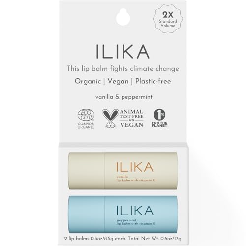 ILIKA 100% Natural Lip Balm - 2X Volume, Organic, Plastic-free, Vegan, COSMOS Certified Organic, PETA Certified, Plant-Based, Biodegradable tube, 2 Pack, Vanilla & Peppermint - 0.3 oz each