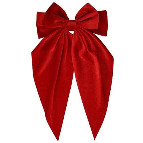 Bright Red Velvet Large Hair Bow Long Tail Bowknot Hair Barrette Clip 8.26 Inch Women Girls Fall Winter Ponytail Holder Hair Accessories