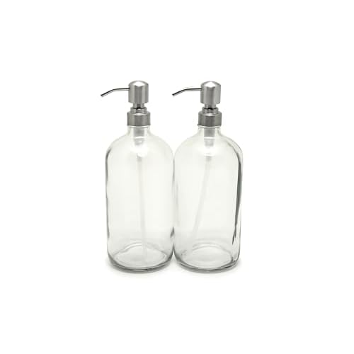 Vivaplex, 2, Large, 32 oz, Empty, Clear Glass Bottles with Stainless Steel, Lotion Pumps