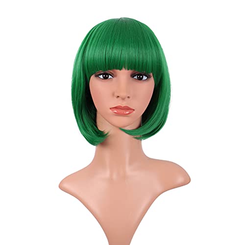 MapofBeauty 12" Green Short Bob Wig with Flat Bangs