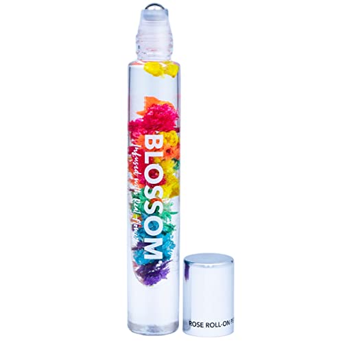 Blossom Moisturizing Strawberry Scented Tinted Lip Gloss Tube + All Natural Rollerball Perfume Oil, 2 Pack Bundle, Strawberry Rainbow/Rainbow Rose