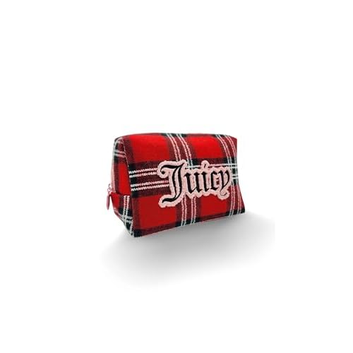 Juicy Couture Red Makeup Bag Cosmetics Organizer Travel Essentials Zip Top Wedge Plaid Flannel