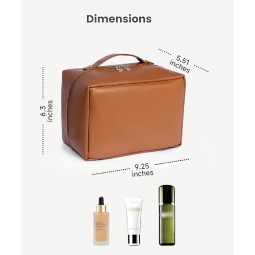 Travel Makeup Bag Large Capacity Cosmetic Bags Flat Open Make up Bag with Multiple Compartments Portable Toiletry Bag Waterproof PU Leather Pouch for Women Beauty & Travel Essentials (Brown)