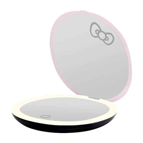 Impressions Vanity Hello Kitty Supercute Signature Compact Mirror with Light, Travel Makeup Mirror with 3X Magnification and Daylight LED Lighting and Adjustable Brightness (Pink)