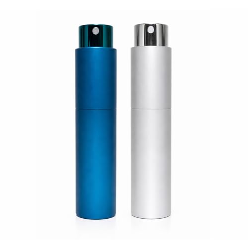 Huizata 10ml Travel Perfume Bottle Set - Refillable Twist-Up Atomizers, Blue & Silver (2-Pack)