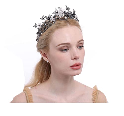 Yunyuebridal Bridal Crown Baroque Pearl Rhinestone Crown And Tiara Butterfly Hairband Wedding Hair Accessories Princess Crown Bride Tiaras (BLACK)