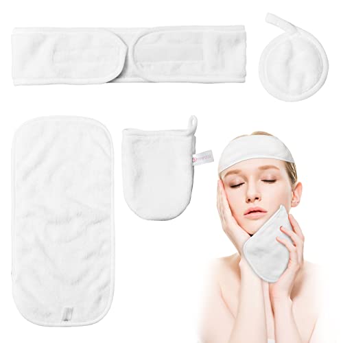 Makeup Remover Cloths Set for Face,4PCS Reusable Makeup Remover Pads Soft Microfiber Facial Cleansing Cloths,Makeup Spa Headband for Washing Face Soft Women Hair Band