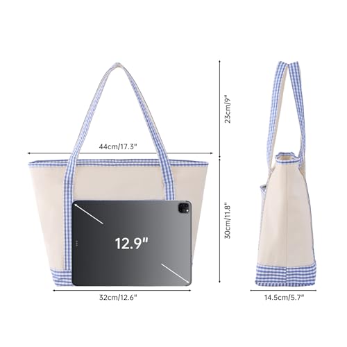Canvas Gingham Tote Bag with Zipper & Pockets