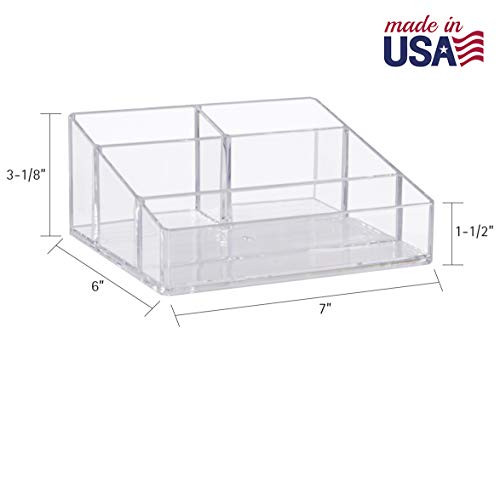 STORi Clear Plastic Small Countertop Vanity Makeup Organizer, Compact Rectangular 4-Compartment Holder for Brushes, Eyeshadow Palettes, & Beauty Supplies, Made in USA (Pack of 2)