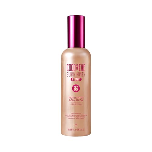 Coco & Eve Body Highlighter SPF 50 ? Shimmer Sunscreen, Broad Spectrum Sun Protection, Lightweight Serum-Like Lotion with Pearlescent Minerals & Vitamin E for Hydrated & Glowing Skin, 5.07 Fl Oz