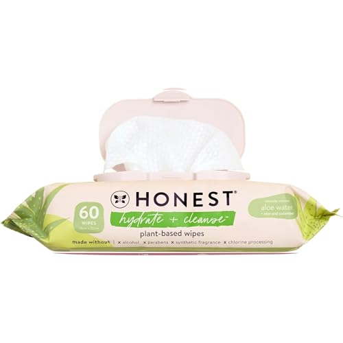 The Honest Company Hydrate + Cleanse Naturally Scented Wipes | Cleansing Multi-Tasking Wipes | 99% Water, Plant-Based, Hypoallergenic | Aloe + Cucumber, 60 Count