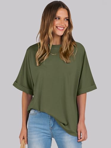 ANRABESS Women's Oversized T Shirts Short Sleeve Crewneck Summer Tops Casual Loose Basic Tee Shirts 2024 Trendy Clothes Olive Green Small