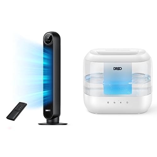 Bundle of Dreo Tower Fan for Bedroom, 24ft/s Velocity Quiet Cooling Fan+ Dreo Humidifiers for Bedroom, Quiet 4L Supersized Cool Mist Top Fill Ultrasonic Humidifier with Oil Diffuser and Nightlight