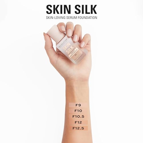 Revolution Skin Silk Radiant Satin Serum Foundation, Lightweight, Buildable Coverage with Hydrating Hyaluronic Acid for a Natural Finish, Vegan & Cruelty-Free, F10 Medium Skin Tones, 0.77 fl oz