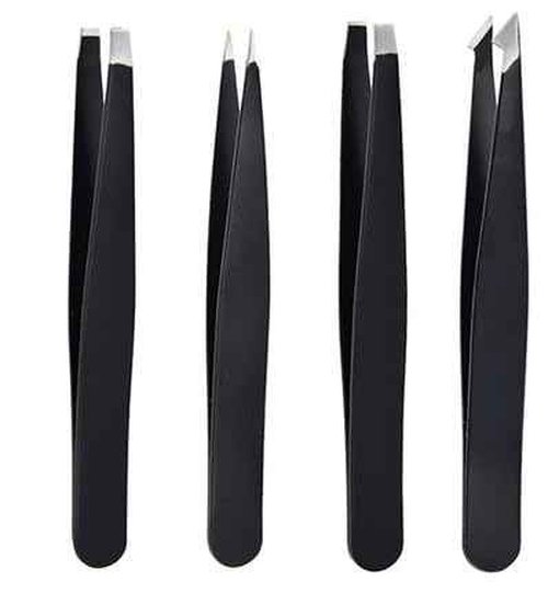 4-Piece Professional Tweezers Set, Stainless Steel Precision Tweezers for Eyebrows, Ingrown Hair & Splinter Removal, Includes Travel Case, Black - Perfect for Men & Women