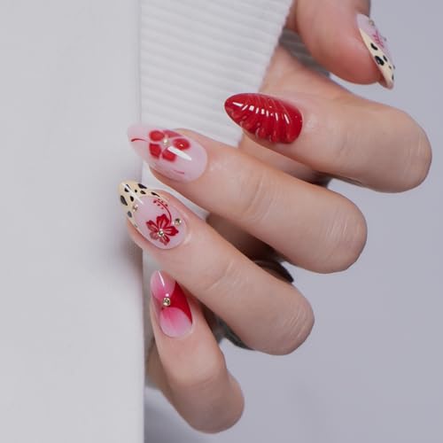 CurvLife Crimson Blossom Red Almond Press-On Nails - Soft Gel, Long-Lasting, Reusable