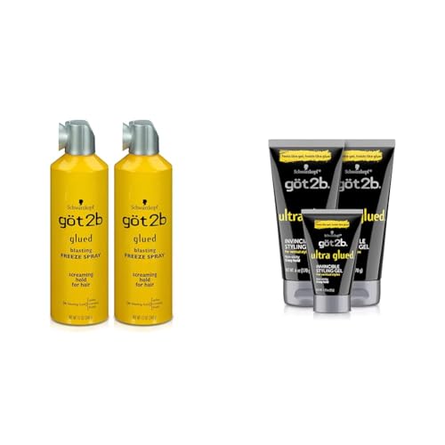 Got2B Glued Blasting Freeze Hairspray, 12 oz, Pack of 2 & Ultra Glued Invincible Styling Gel 2-6 oz Tubes + 1 Travel 1.25 oz Tube