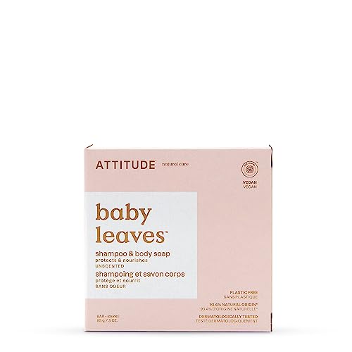 ATTITUDE Plastic-Free Shampoo and Body Soap Bar for Baby, EWG Verified, Dermatologically Tested, Vegan, Unscented, 3 Ounces