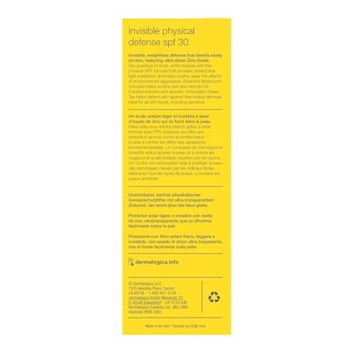 Dermalogica Invisible Physical Defense SPF30 (1.7 Fl Oz) Face Sunscreen Moisturizer - Non-Greasy Formula That Defends Against UVA/UVB/Blue Light