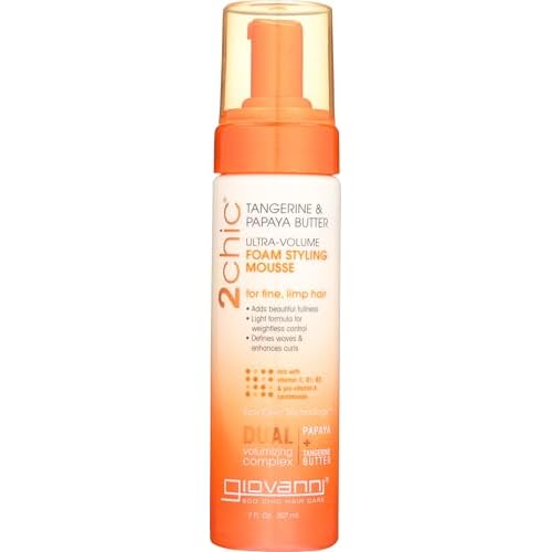 GIOVANNI 2Chic Ultra Volume Mousse for Fine & Thin Hair - Volumizing Hair Foam for Women & Men, Foaming Texture for Defining & Enhancing - Papaya & Tangerine, 7 fl oz (Pack of 1)