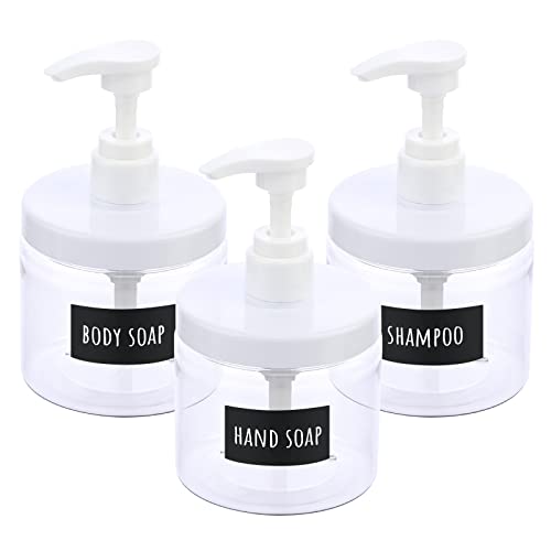 Segbeauty 3pcs Clear Lotion Dispenser, 16.9oz 500ml Wide Mouth Pump Bottles with Labels, Empty Refillable Plastic Press Soap Dispenser Shampoo Condition Bottle Hand Soap Container for Bathroom Kitchen