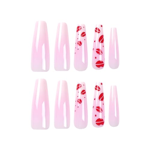 RTKHFZE Press on Nails Long, Coffin Fake Nails Pink Full Cover Acrylic Nails with Nude White Gradient and Lips Designs False Nails Stick on Nails with Glue Gift for Women and Girls Manicure