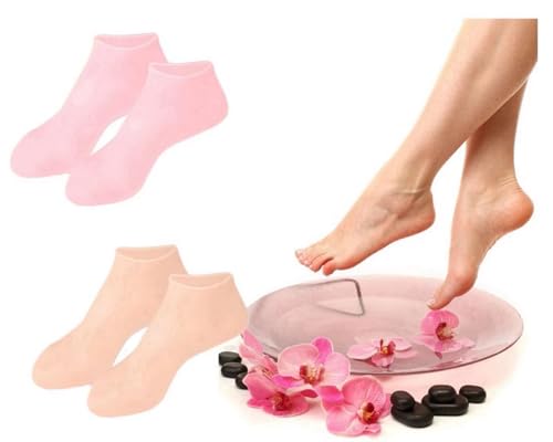 Pink & Beige Silicone Moisturizing Socks for Women - 2 Pairs Fits Up to Size 10, Cracked Heel Repair & Softening Skin