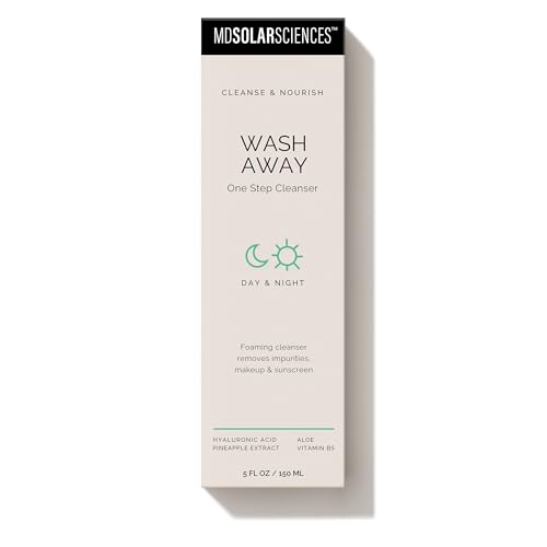 MDSolarSciences Wash Away One Step Foaming Cleanser Removes Impurities, Makeup & Sunscreen, Dermatologist Developed Vegan Formula with Hyaluronic Acid, Pineapple Extract, Aloe & Vitamin B5, 5 Fl Oz.