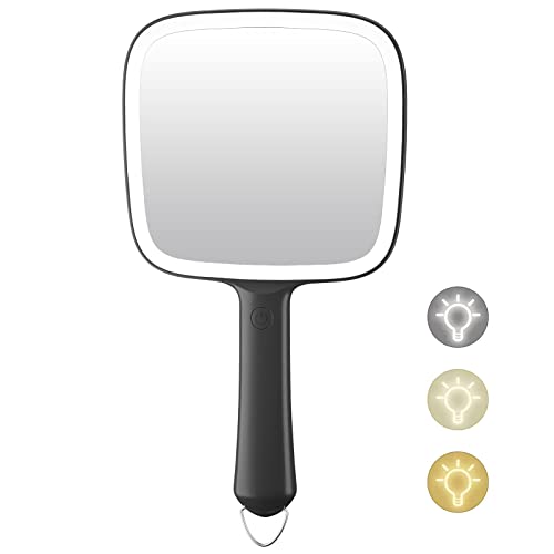Famihomii Black Lighted Hand Mirror with 3 Dimmable Colors Portable Makeup Mirror