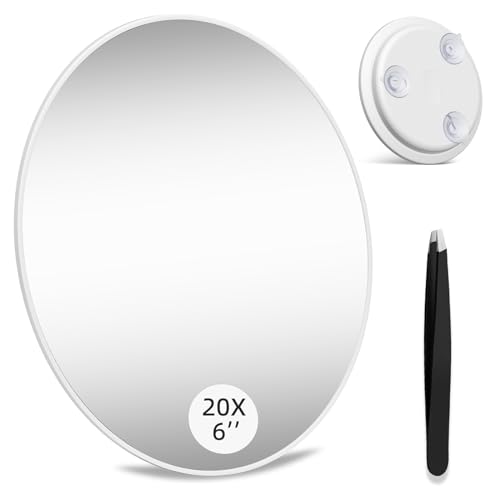 Large 6" 20x Magnifying Mirror with Tweezers, Travel Magnified Makeup Mirror with Suction Cups, 20x Magnification
