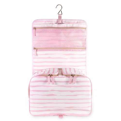 kate spade new york Hanging Toiletry Bag, 8.5" x 12.75" x 6" Travel Organizer with Gold Hook, 2 Large Bottle Compartments, Mesh & Clear Pockets, Nylon & Mesh (Goddess Stripe)