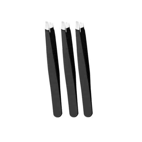 3 PCS Stainless Steel Slant Tweezers for Eyebrows - Precision Tool for Women and Men, Ideal for Brow, Facial Hair, and Ingrown Hair Removal, 3 Pack Black