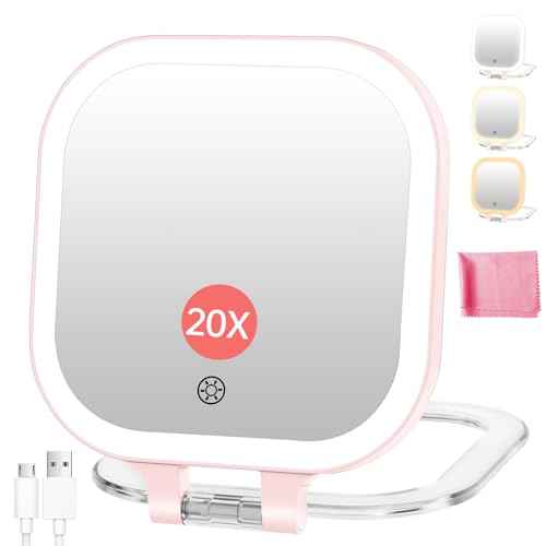 FASCINATE 20X Magnification Compact Travel Makeup Mirror with Lights and Magnification, 3.5 inch Portable 1X/20X Magnifying Mirror with 3 Color Light, Folding, Handheld (Pink)