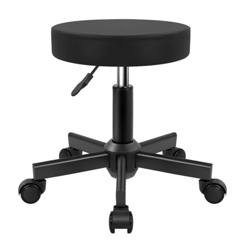 Height Adjustable Rolling Stool with Wheels, PU Leather